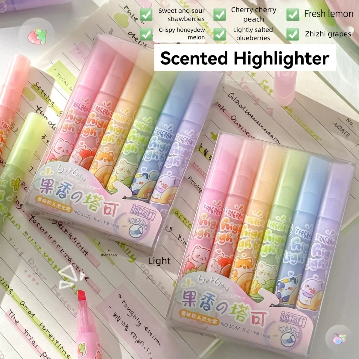 1 Set of 6 Different Colored Fruit-Scented Highlighters, Soft Pastel Highlighters for Office Use, Non-Toxic Scented Highlighters with Beveled Tip Suitable for School and Office Peaceful Pleasures Health and Wellness