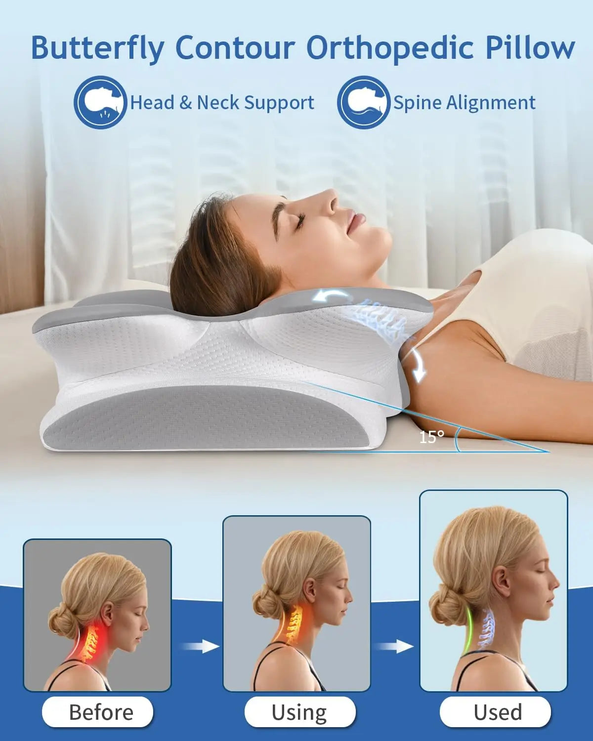 Butterfly Contour Orthopedic Pillow with a person using it, showing head and neck support and spine alignment benefits.