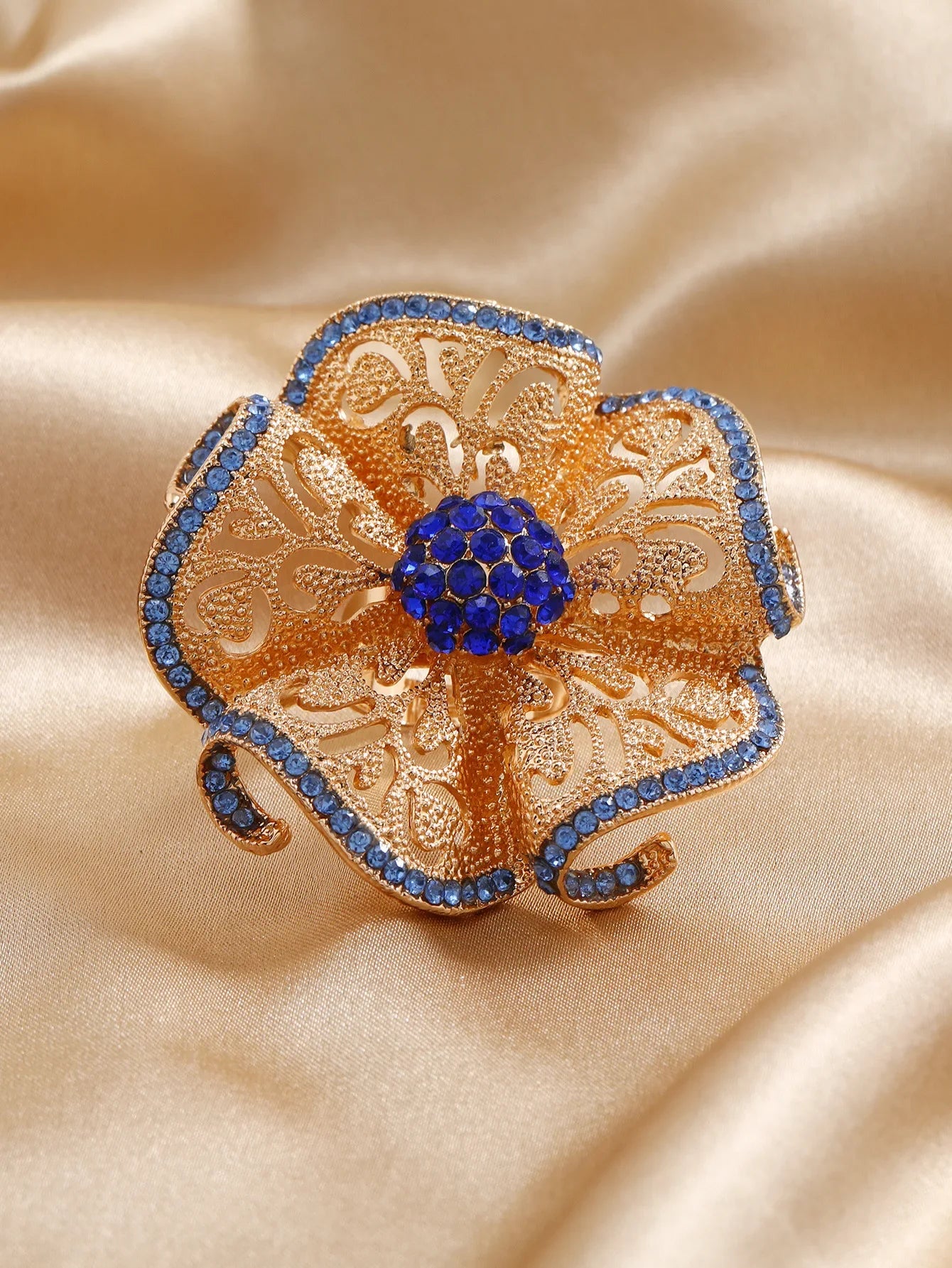 Luxury Flower Crystal Ring Women Gold Adjustable Statement Elegant