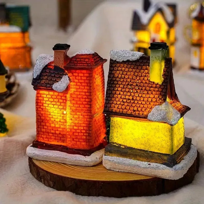 Christmas Resin Mini Village Set with LED Lights – 10 Pieces