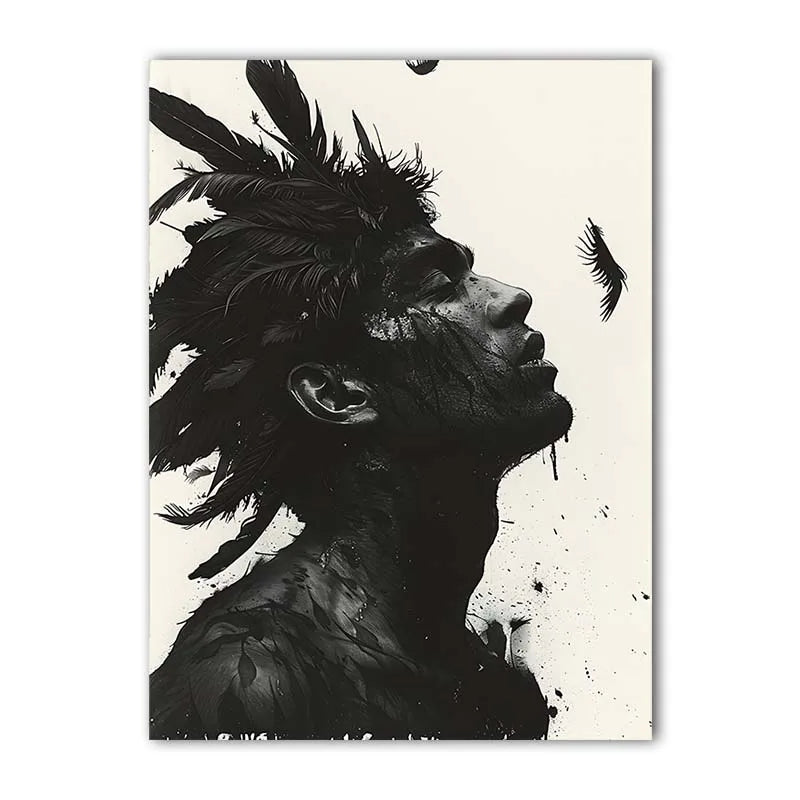 Black & White Feathers Man Canvas Wall Art | Modern Abstract Canvas Wall Art Peaceful Pleasures Health and Wellness 04 21X30cm No Frame China Mainland