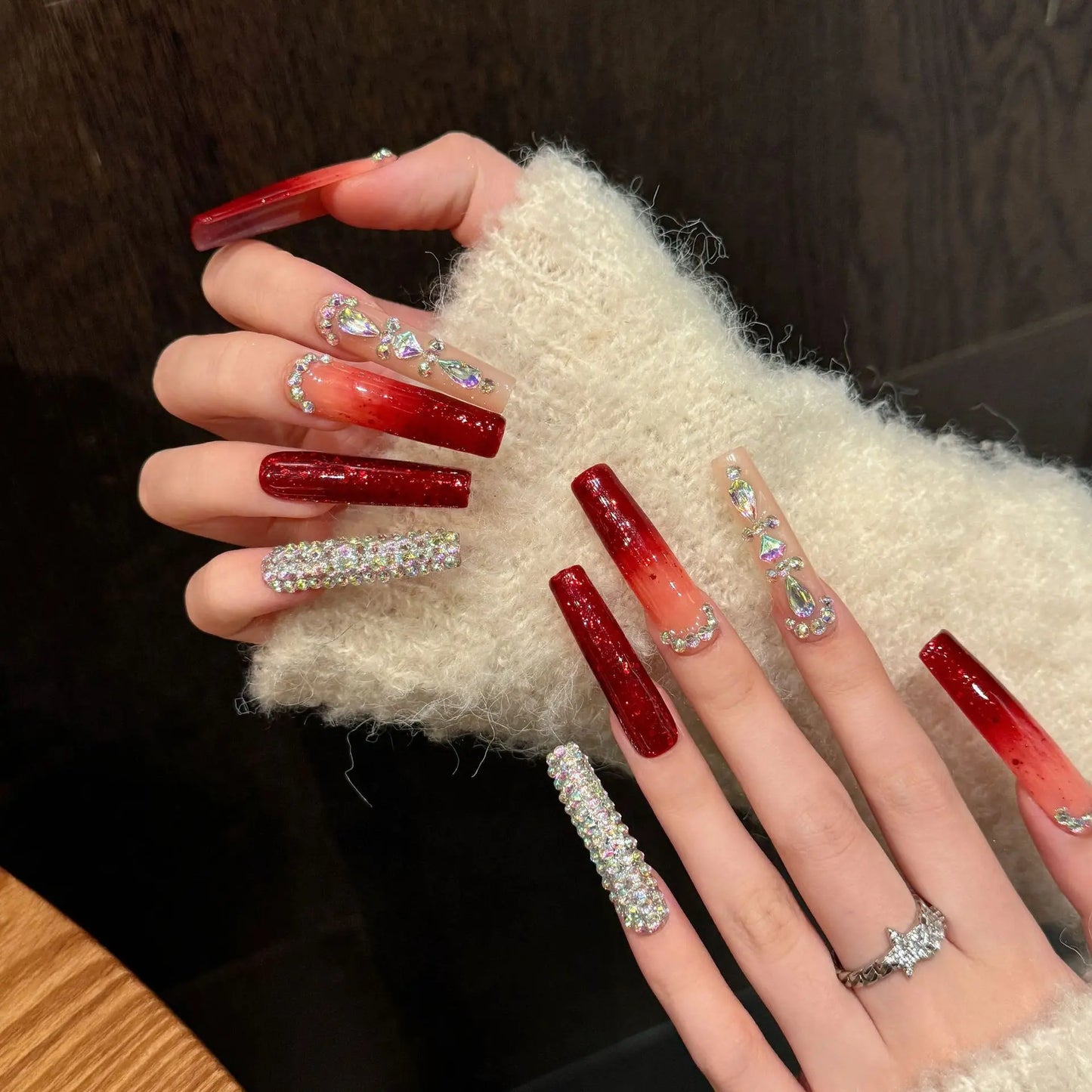 YADORNOS Rhinestone Press-On Nails | Extra Long Red Fake Nails