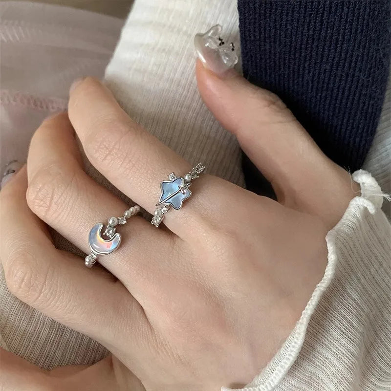 Exquisite Blue Star Moon Zircon Ring for Women Niche Design Accessory Peaceful Pleasures Health and Wellness