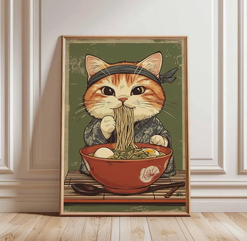 Black Cat Ramen Canvas Wall Art | Japanese Noodle Cat Poster