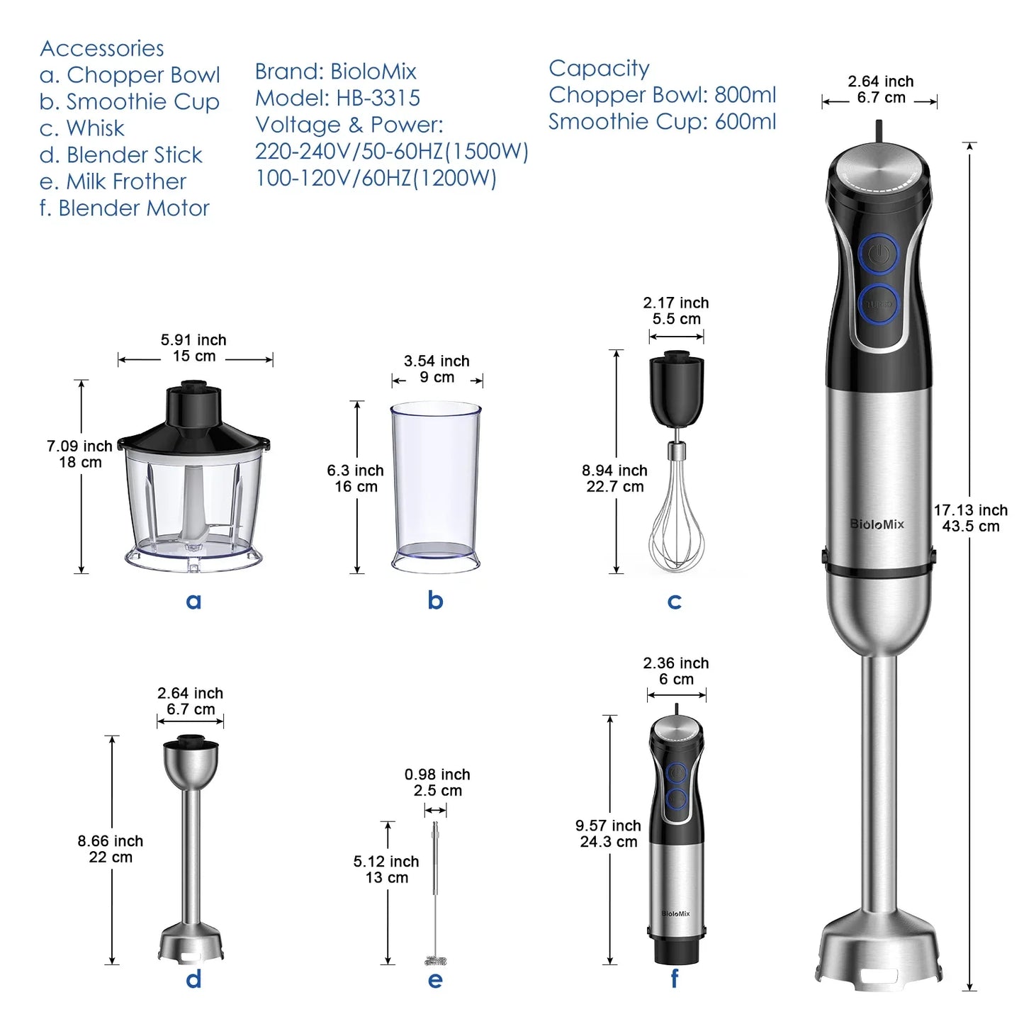 BioloMix 5-in-1 Immersion Hand Blender 1500W | Food Processor Peaceful Pleasures Health and Wellness