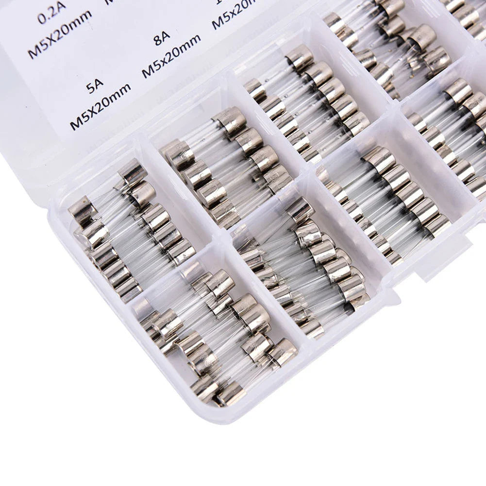 100-Pack 5x20mm Fast-Blow Glass Tube Fuse Kit 0.2A–20A 250V