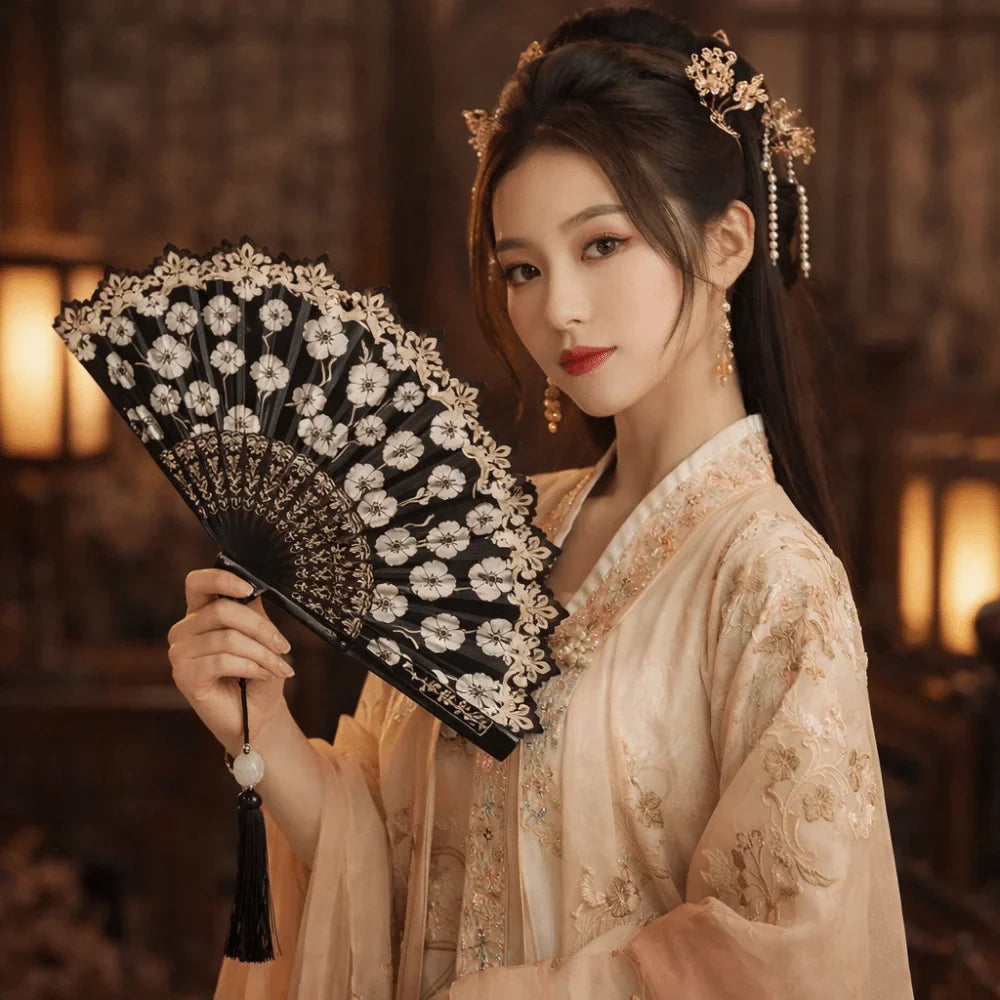 Chinese Folding Fan – Flower Pattern Hanfu Fan with Tassel