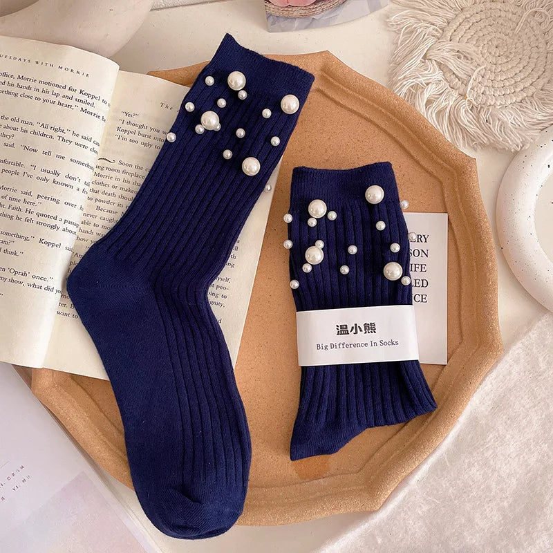 1 Pair of Women's Fashionable Pearl Decorative Socks, Cute Princess Style Mid Calf Korean Style Socks, Clothing Accessories Peaceful Pleasures Health and Wellness Dark Navy Blue One Size