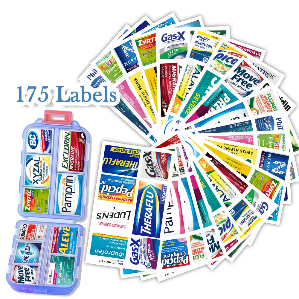 10 Grids Pill Organize Storage Container with 175 Labels Pill Case Health Medicine Organizer Travel Supply Mini Pill Box Peaceful Pleasures Health and Wellness Blue