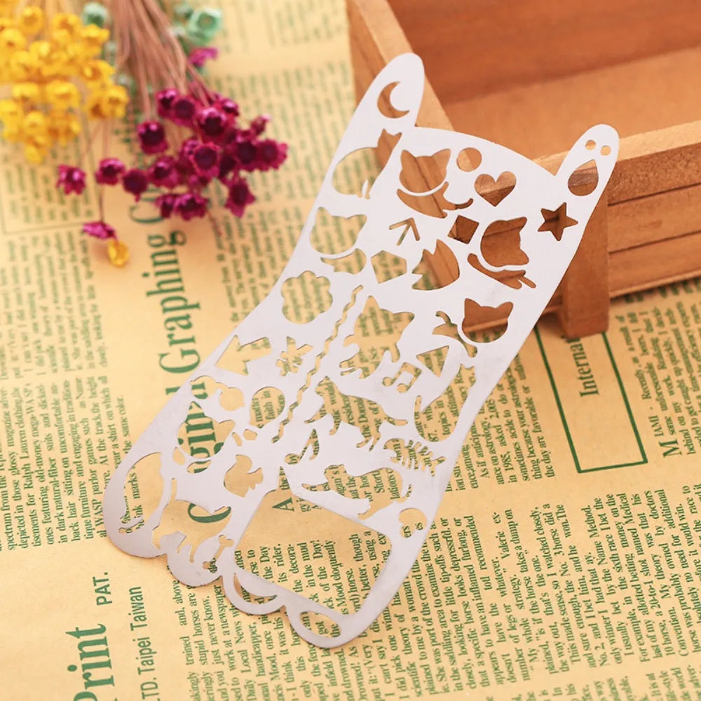 Cat Shape Template Ruler Stainless Steel School Projects Hollowed Out Ruler Pocket-Sized Vintage Drawing Template Ruler Peaceful Pleasures Health and Wellness Cat shape