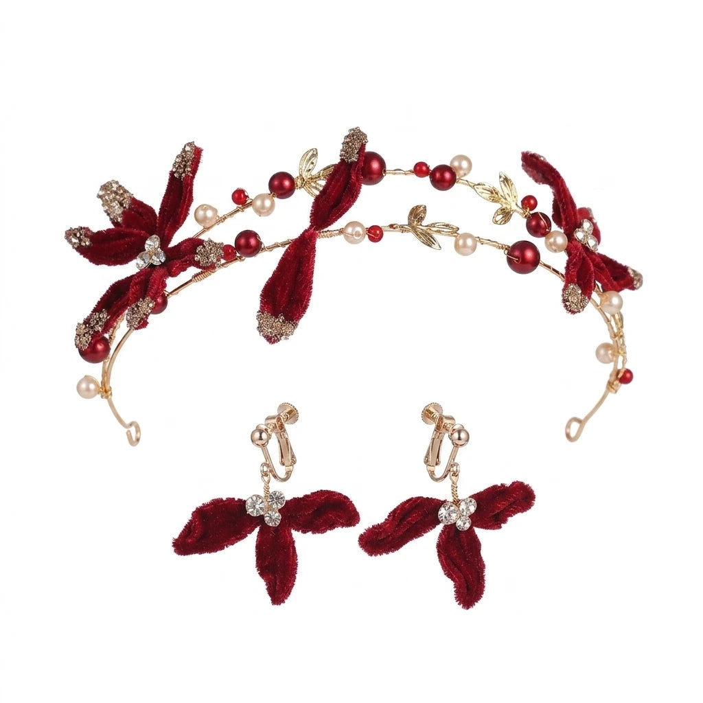 Red Velvet Bridal Headband Earring Set For Chinese Wedding Toast Ceremony Peaceful Pleasures Health and Wellness Red