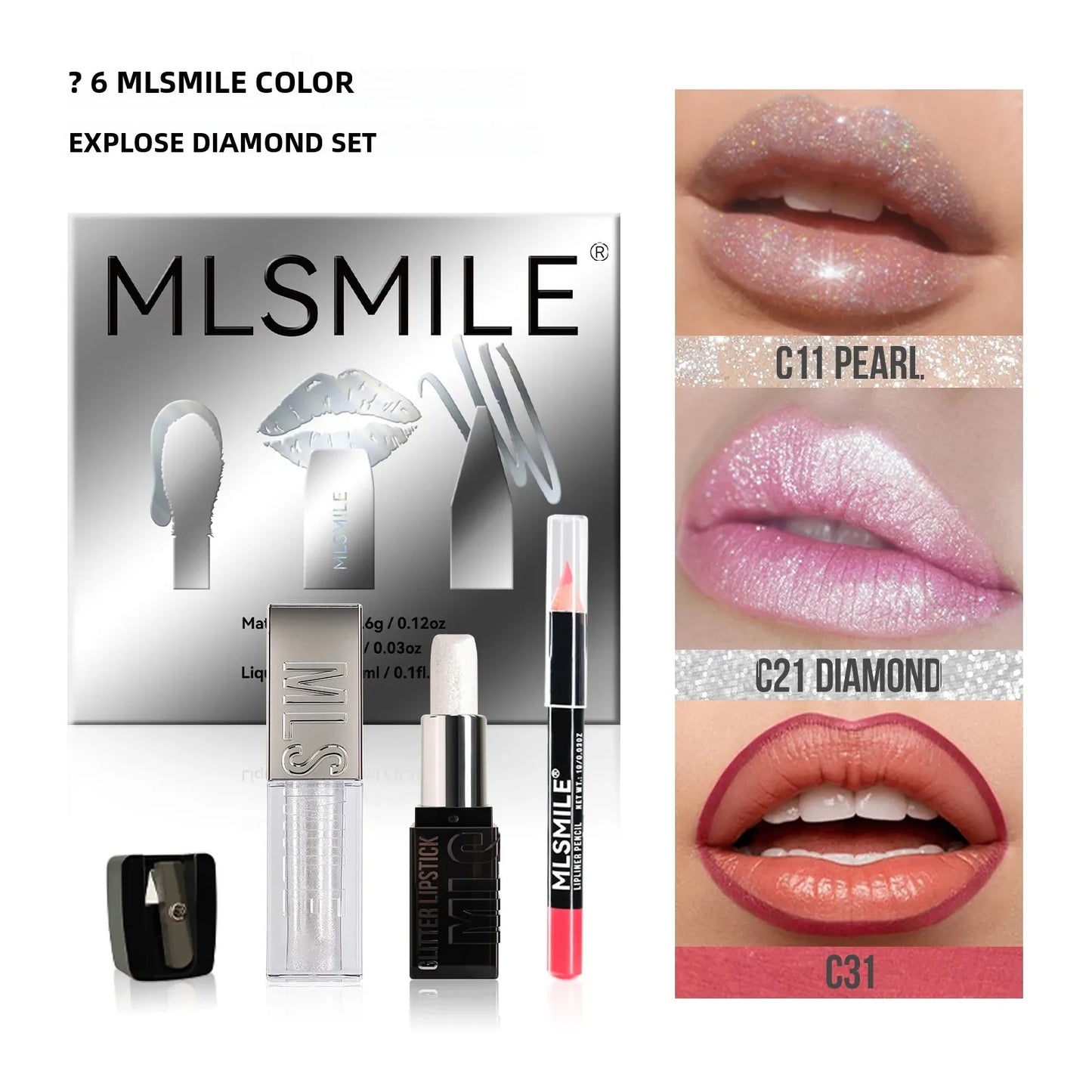 MLSMILE Diamond Lip Gloss, Liner & Lipstick Makeup Kit