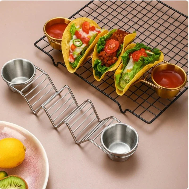 Mexican Restaurant Stainless Steel Pancake Rack Spring Roll Taco Holder Pizza Display Stand with 2pcs Sauce Cup &1 Dessert Spoon Peaceful Pleasures Health and Wellness