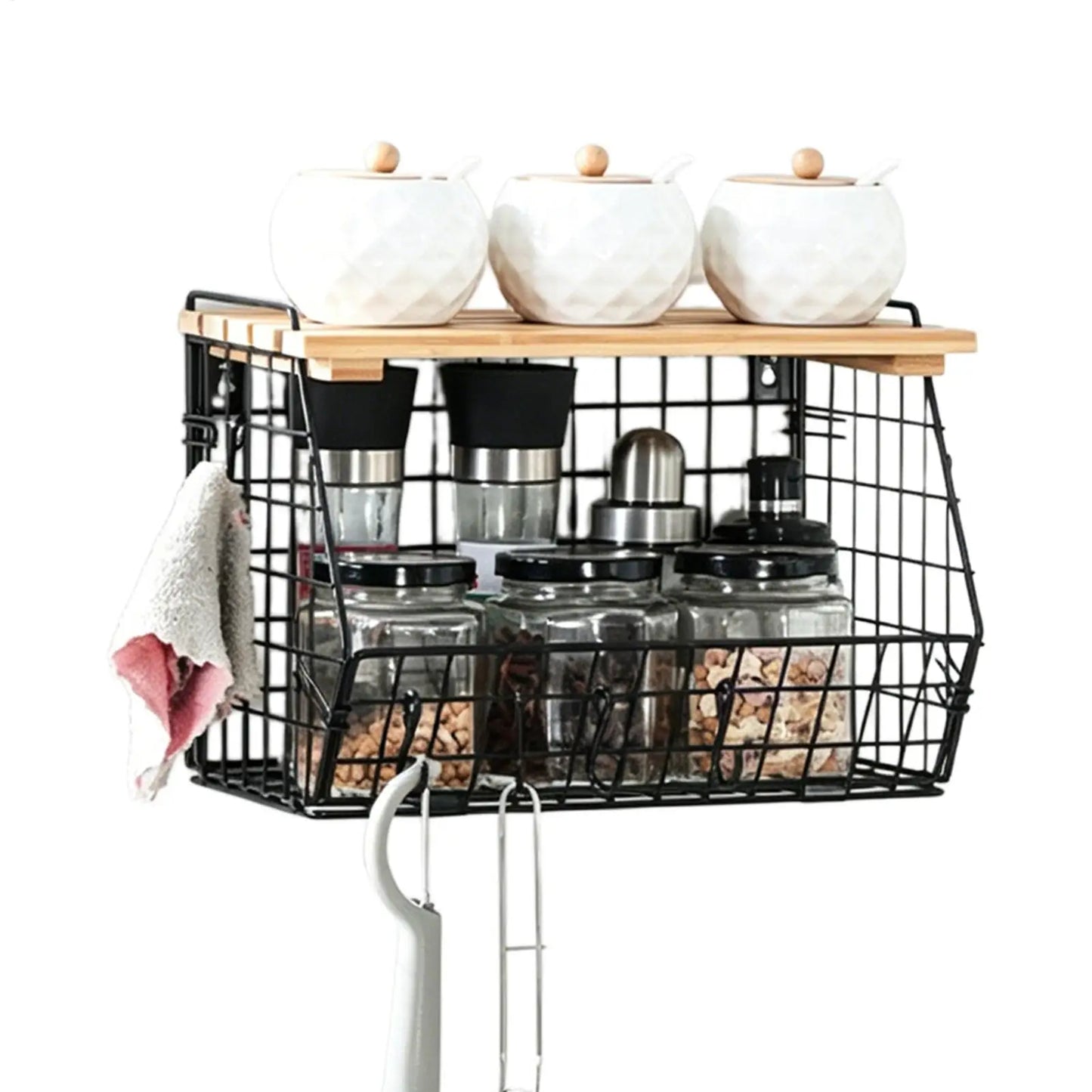 Stackable Wall-Mounted Wire Basket with Wood Lid | Kitchen Organizer Wire Storage Basket Peaceful Pleasures Health and Wellness