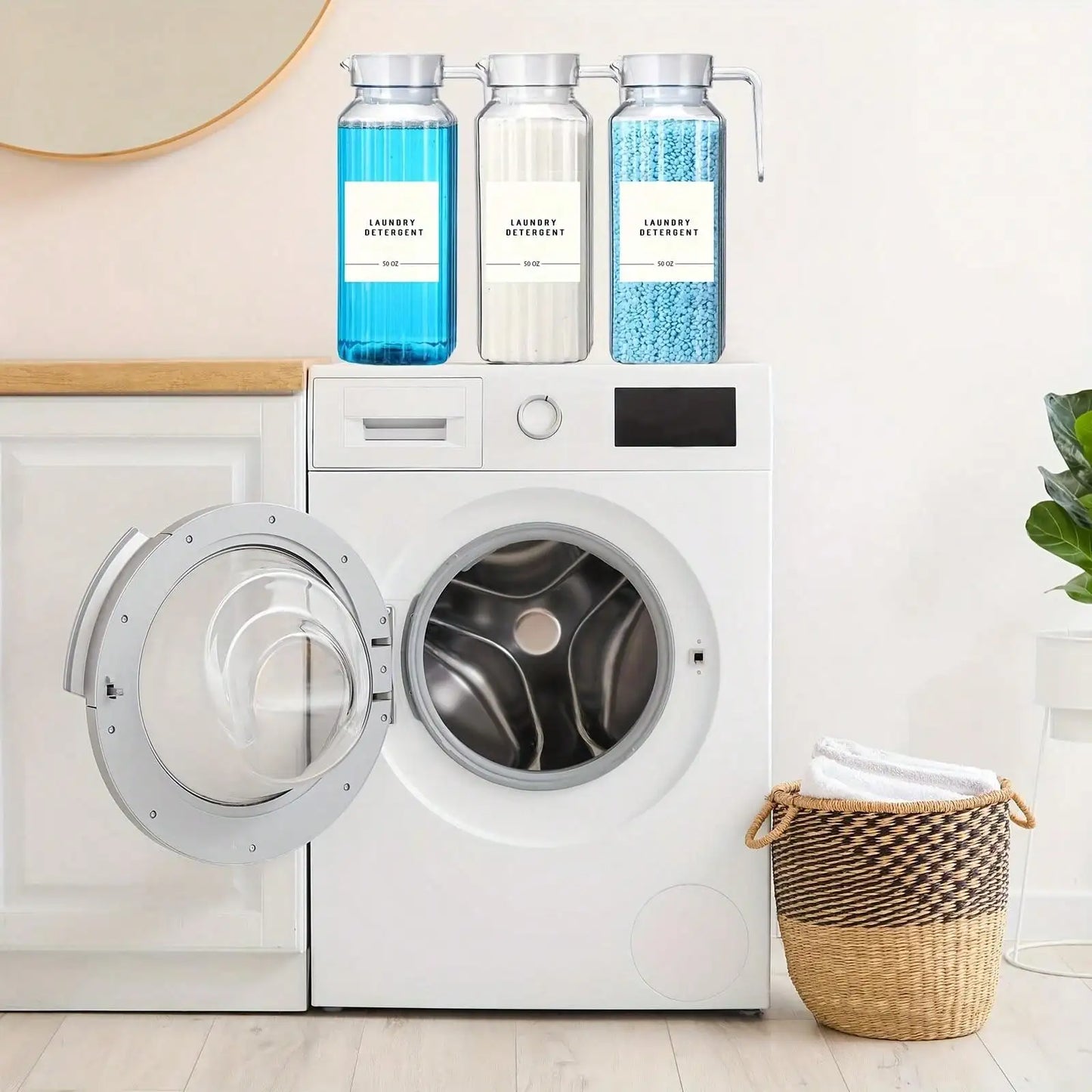 Laundry Detergent & Fabric Softener Dispenser with Labels & Measuring Cups (1 or 2 Pack)