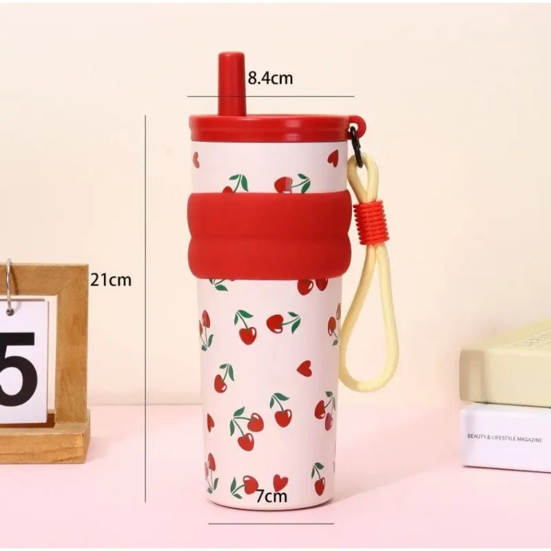 2026 Hot 710ML Printed Bow Vacuum Cup Insulation Or Cooling Stainless Steel Cup With Lifting Rope High-Capacity Insulated Cup Peaceful Pleasures Health and Wellness