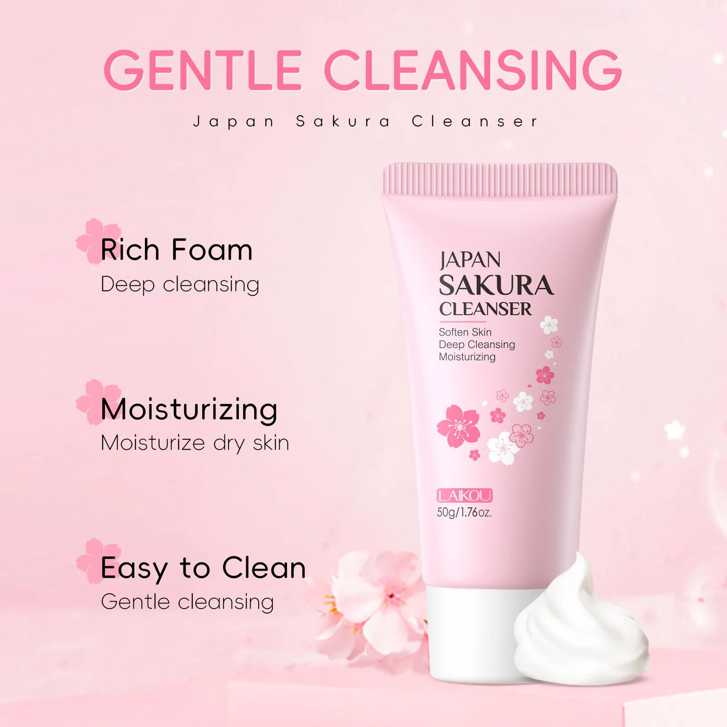 LAIKOU Sakura Cleanser Gentle Deep Cleaning Oil Control Moisturizing Shrink Pores Face Skin Care 50g Skin Cleanser All Skin Type Peaceful Pleasures Health and Wellness