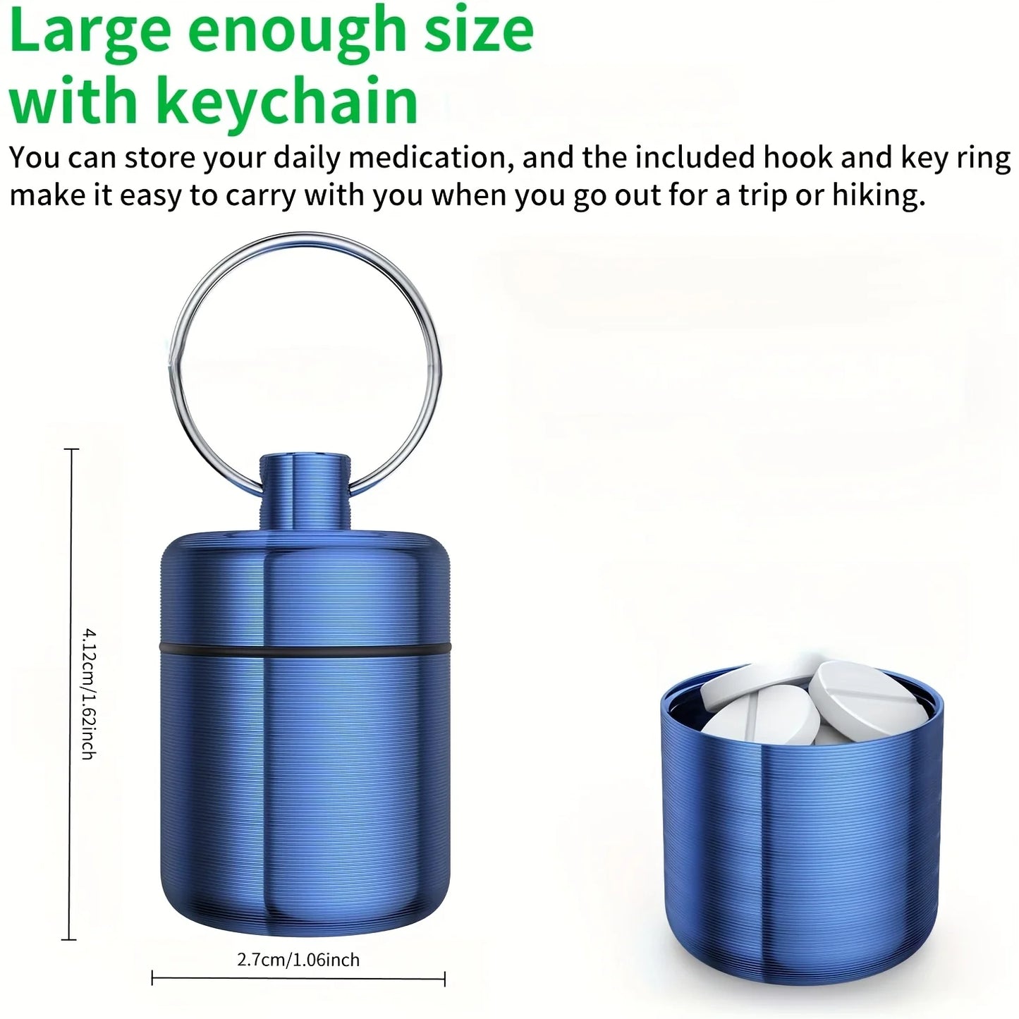 Portable Waterproof Medicine Box Keychain Safety Device, Travel Essential Organizer, Durable & Secure Storage Solution Peaceful Pleasures Health and Wellness Blue