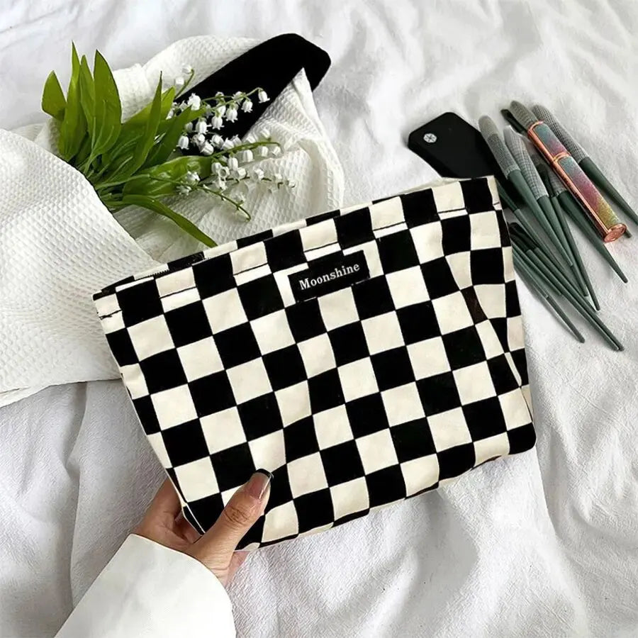 Black & White Plaid Large Cosmetic Bag | Checkerboard Toiletry