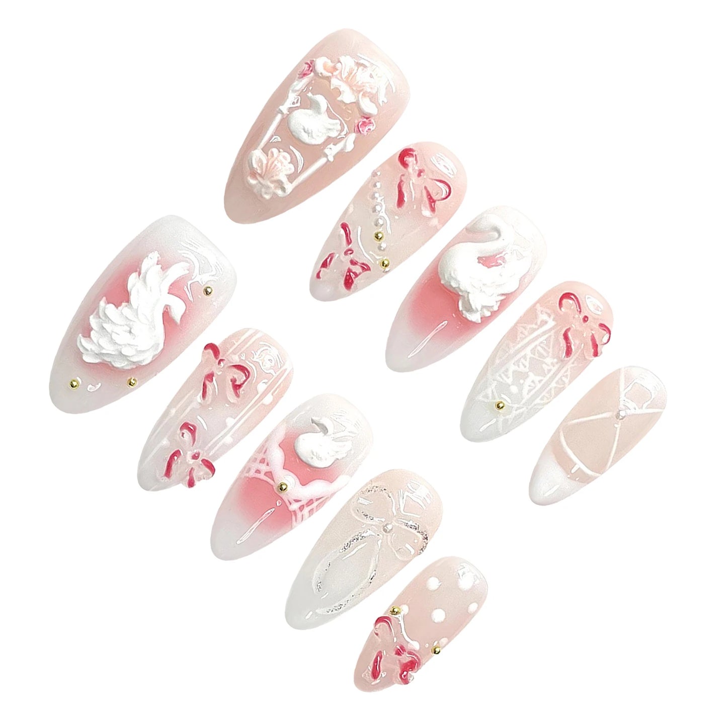 Light Pink Almond Press On Nails | 3D Swan French Tips