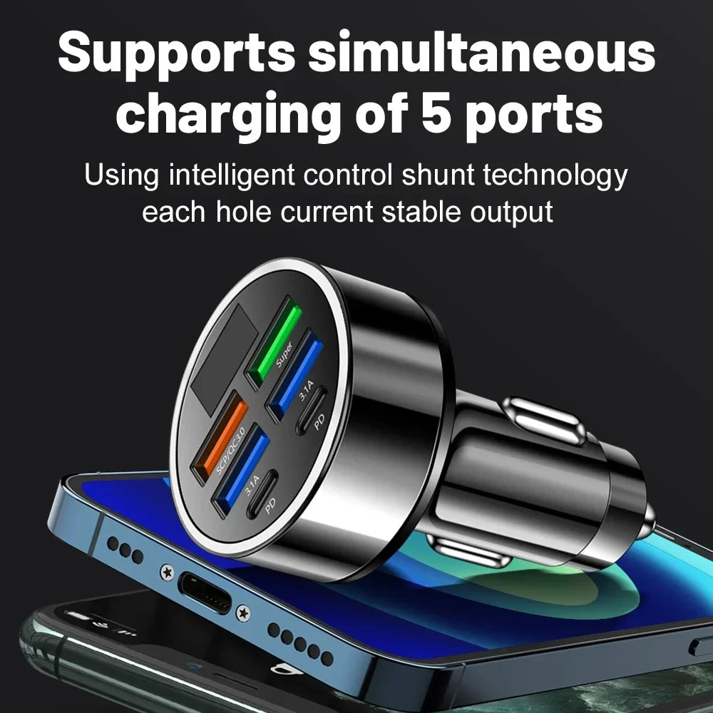 6-Port USB Car Charger QC3.0 PD Fast Charge Digital Display