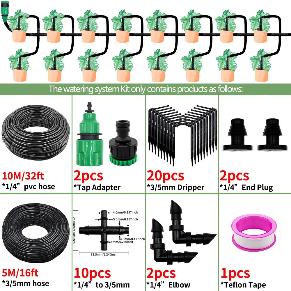 Greenhouse Drip Irrigation Kit Automatic Watering System Garden 4-Way 4/7mm to 3/5mm Hose Dripper for Pot Plant Vegetable Bonsai Peaceful Pleasures Health and Wellness 10M-20 Drippers
