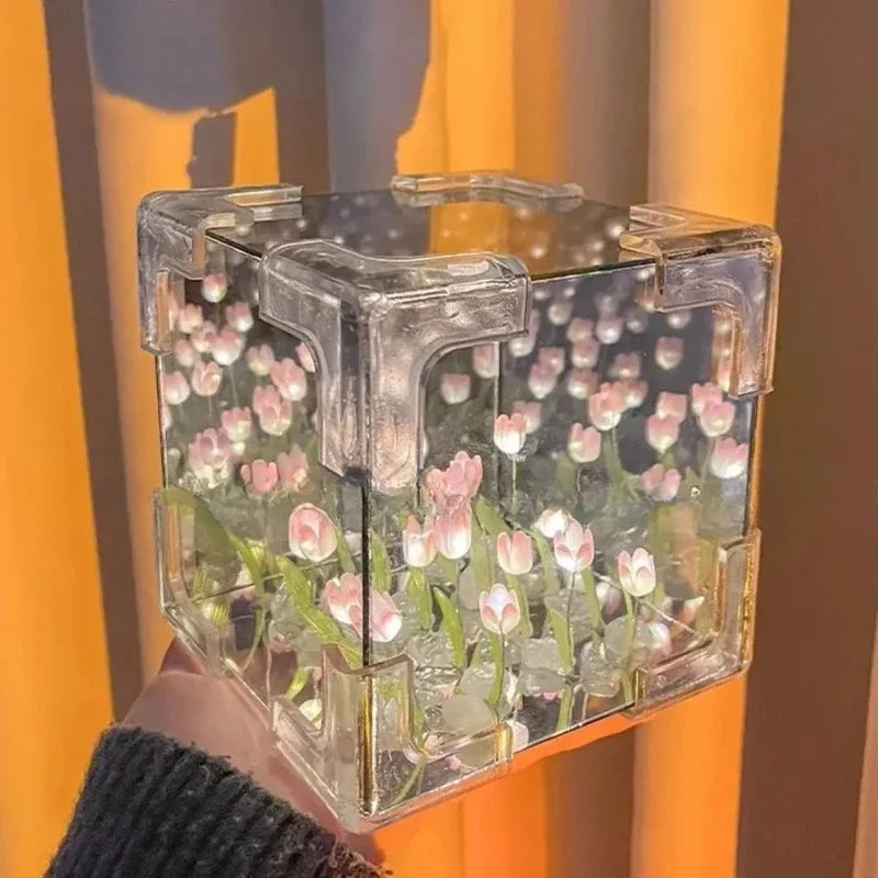Hot Tulip Nightlight Handmade DIY Material Cube Tulip Mirror Bedroom Decor Atmosphere Lamp Valentine's Day Birthday Gift Peaceful Pleasures Health and Wellness