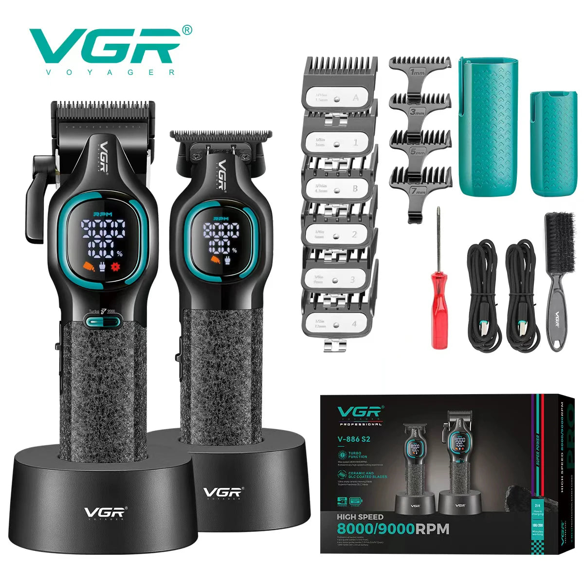 VGR high-end hair trimmer two-piece set metal body 9000 RPM hair clipper alloy blade head oil head carving push shear V-886 S2 Peaceful Pleasures Health and Wellness USB 1