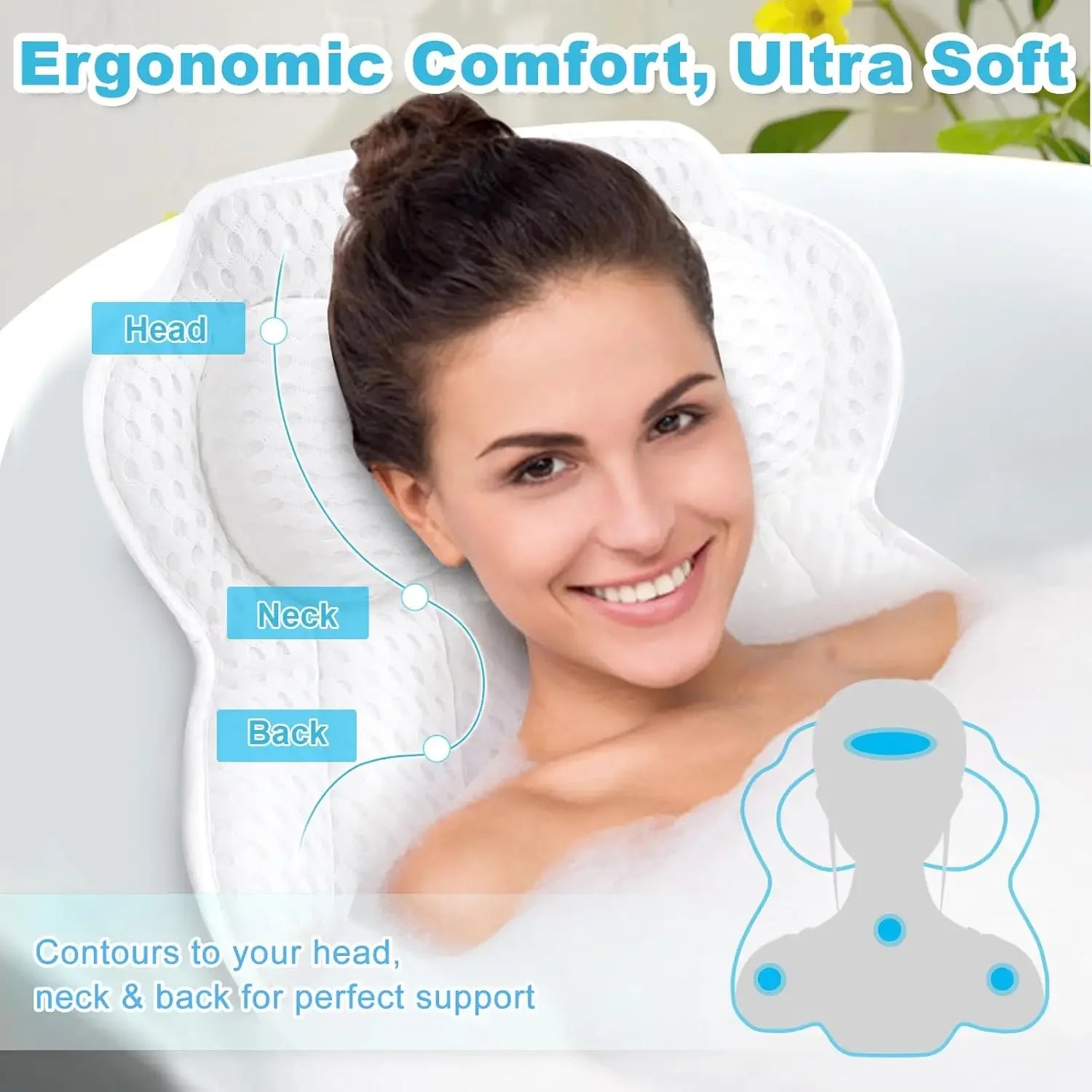 Ergonomic Bathtub Pillow for Head Neck Back Support, Soft Washable Spa Cushion with Suction Cups Peaceful Pleasures Health and Wellness