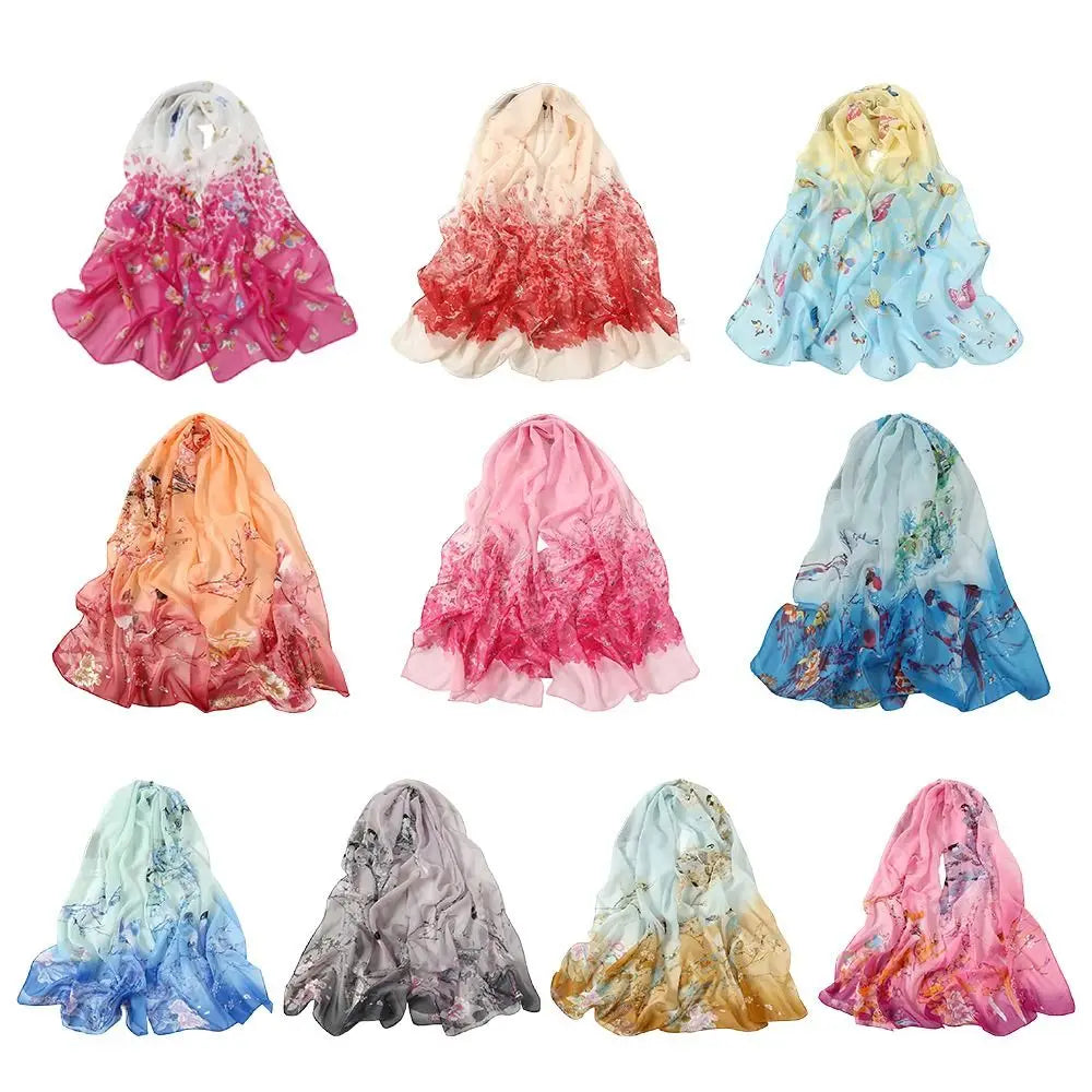 Women's Chiffon Floral Scarf – Gradient Long Wrap Shawl 160×50cm