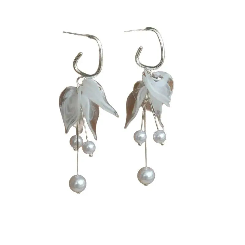 White Floral Dangle Earrings – Faux Pearl Tassel Bridal Gift