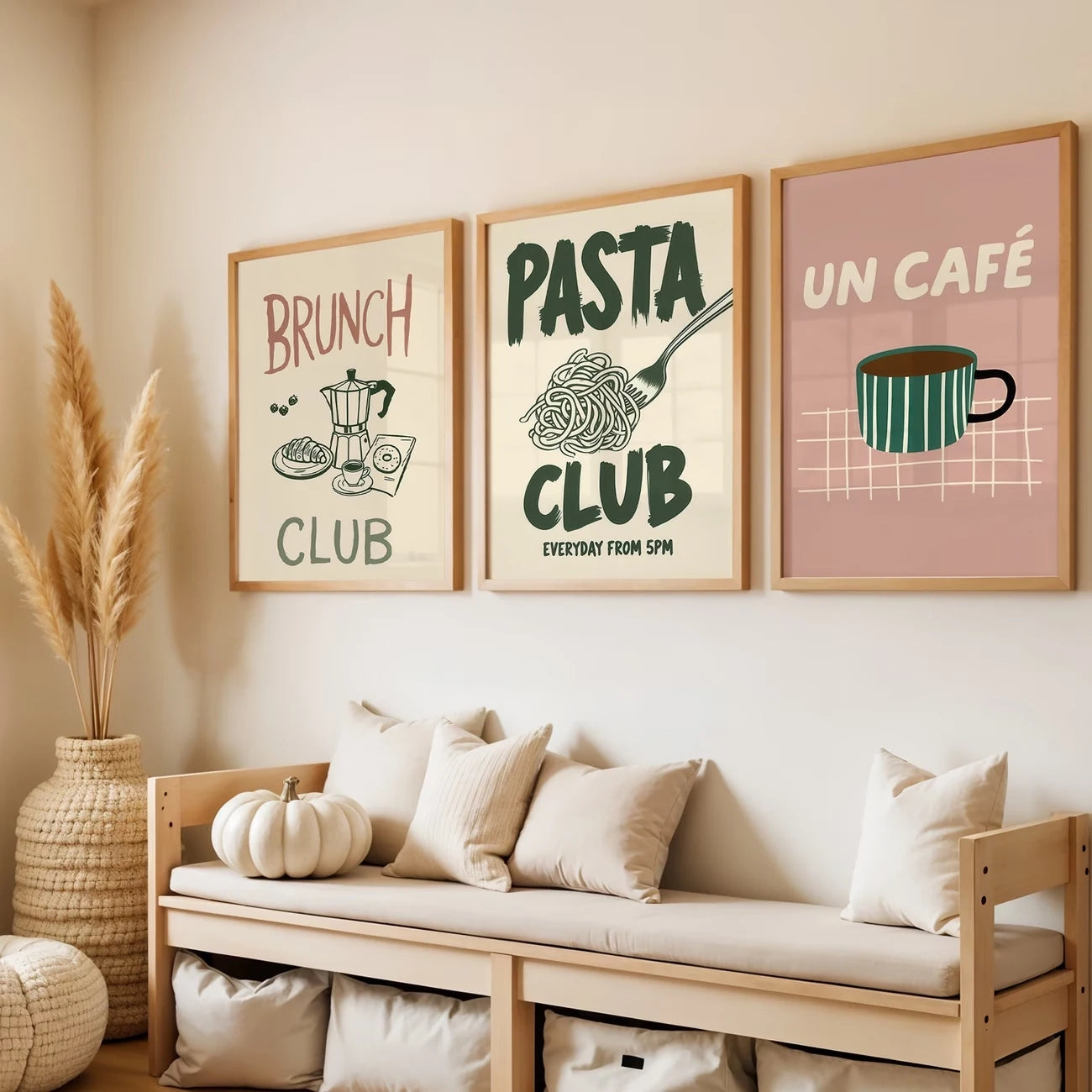 3pcsModern Pasta Club, Coffee, Green And Pink Wall Art Print Canvas Painting Poster Picture For Living Room,Bedroom Home Decor Peaceful Pleasures Health and Wellness G5139-3pcs 40x50cm Unframed
