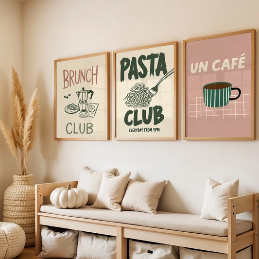3pcsModern Pasta Club, Coffee, Green And Pink Wall Art Print Canvas Painting Poster Picture For Living Room,Bedroom Home Decor Peaceful Pleasures Health and Wellness G5139-3pcs 40x50cm Unframed