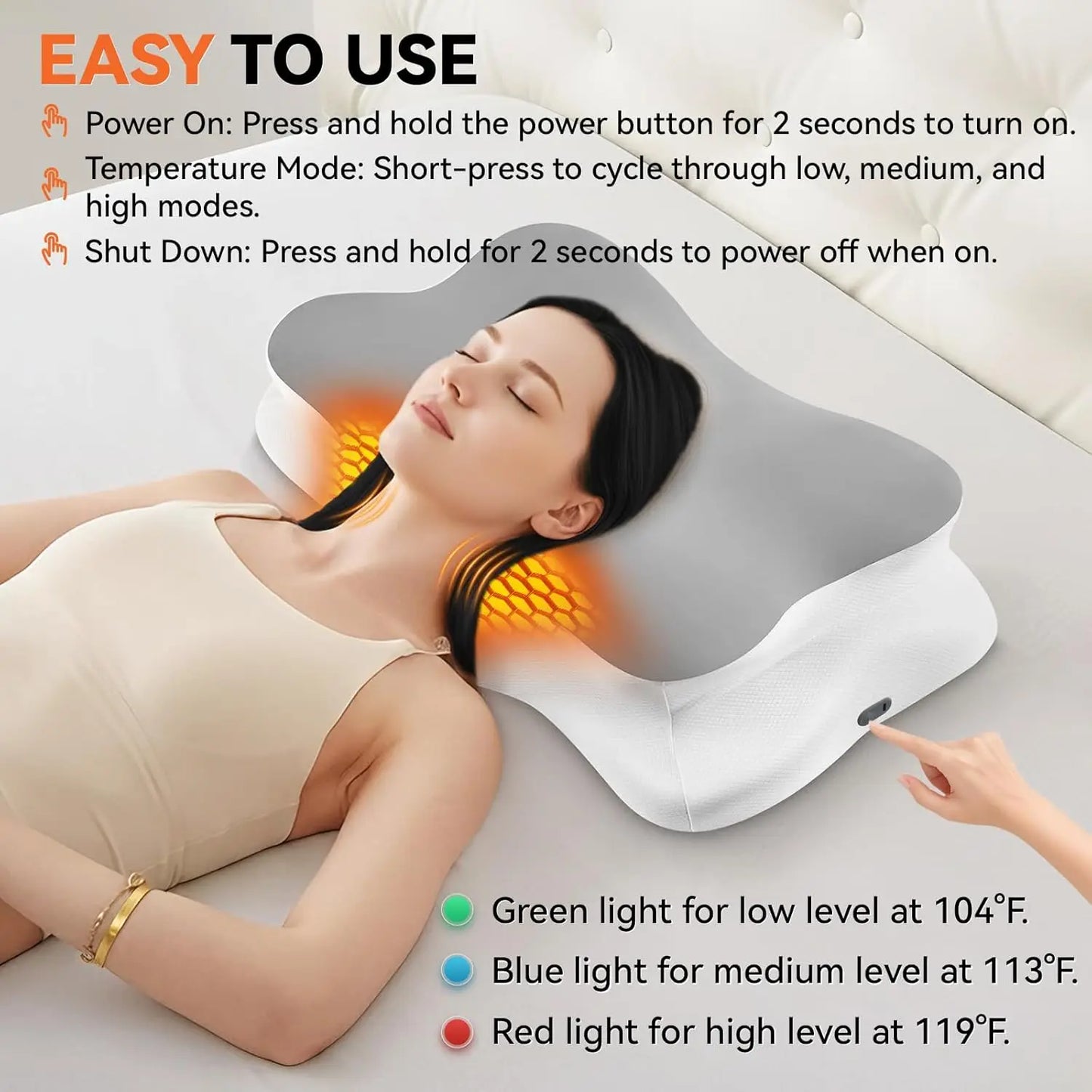 Woman using a neck massager with instructions on how to operate it.