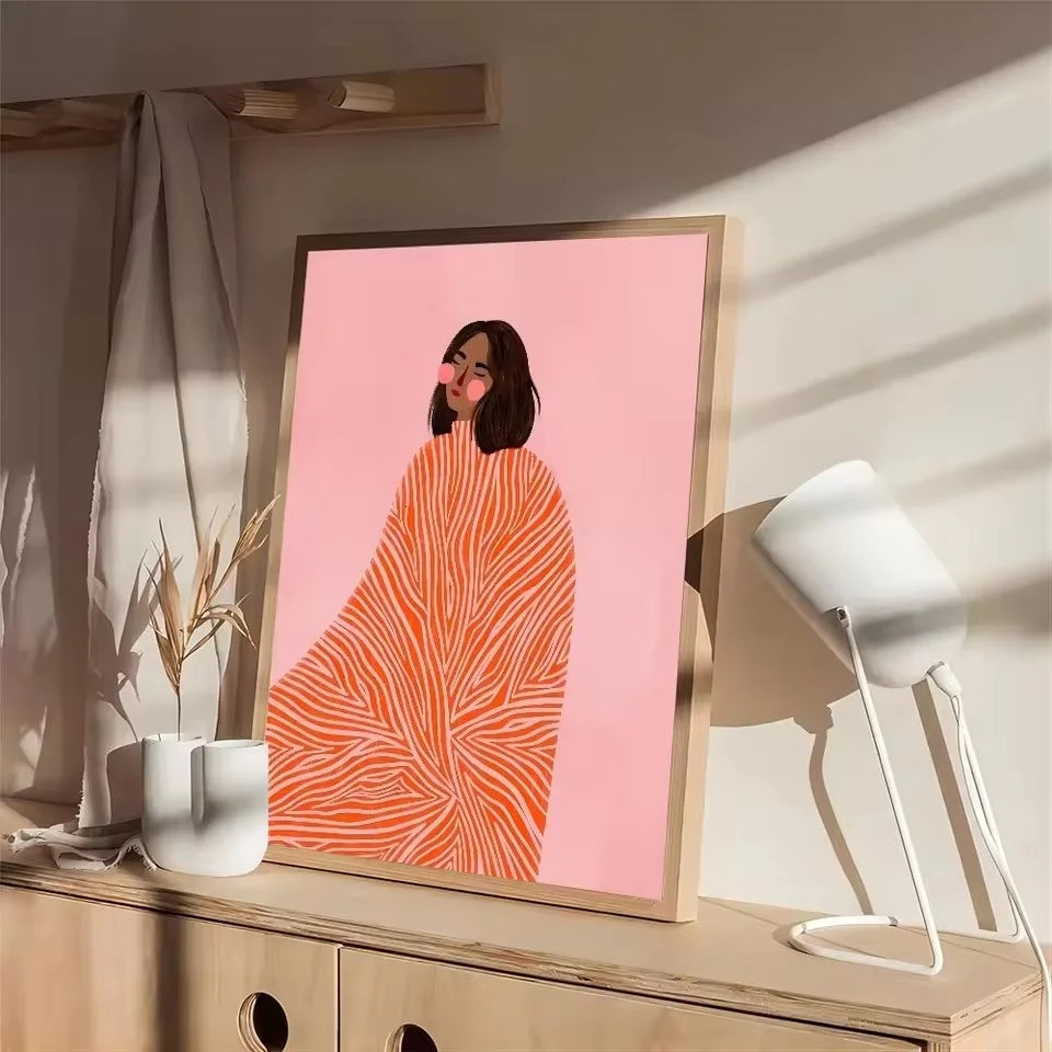 Modern Abstract Wall Art - Woman Relaxing on Red Orange Striped Couch - Large Canvas Print Decor - Unique Line Drawing Unframed Peaceful Pleasures Health and Wellness ZLH083 20x30cm No Frame
