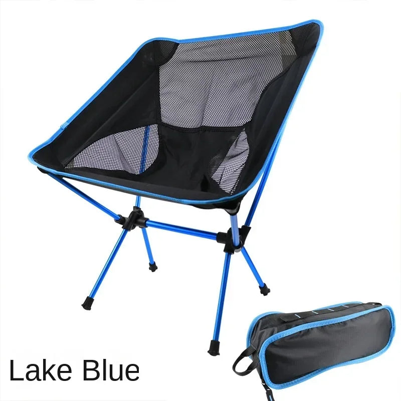 Folding Camping Chair Travel Ultralight Beach Accessories Playa Fishing Lightweight Portable Outdoor Foldable Furniture Peaceful Pleasures Health and Wellness Lake Blue