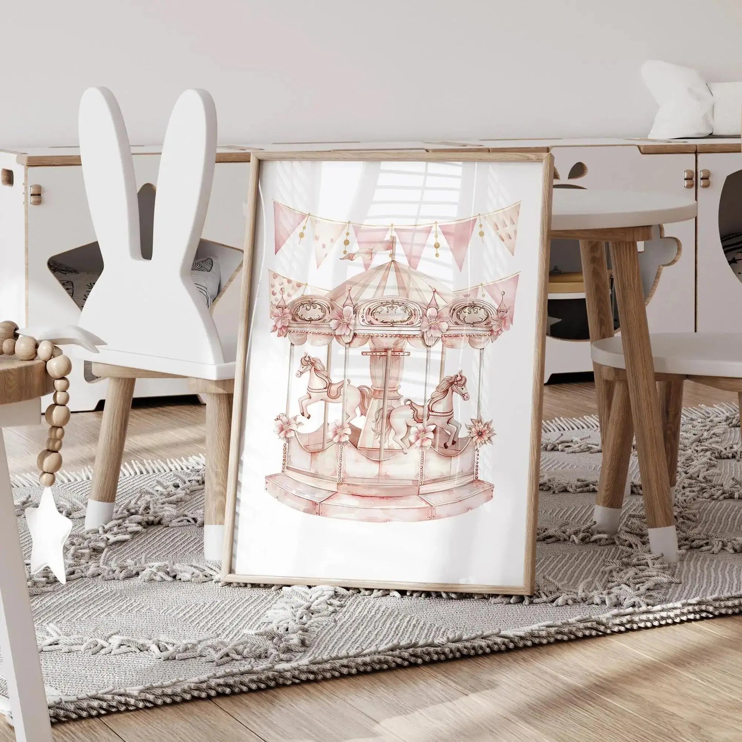 Pink Bunny Carousel Canvas Wall Art | Kids Room Decor Print