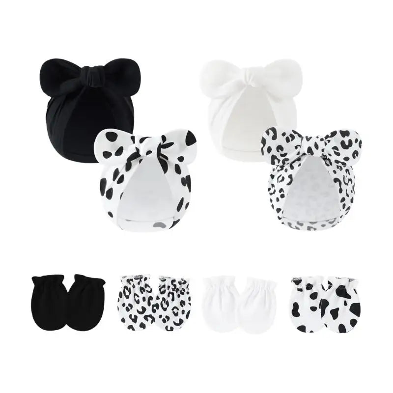Baby Cotton Bonnet Hat & Scratch Mittens 4-Set | 0–6 Months Baby Hat & Mittens Set Peaceful Pleasures Health and Wellness SETF China Mainland