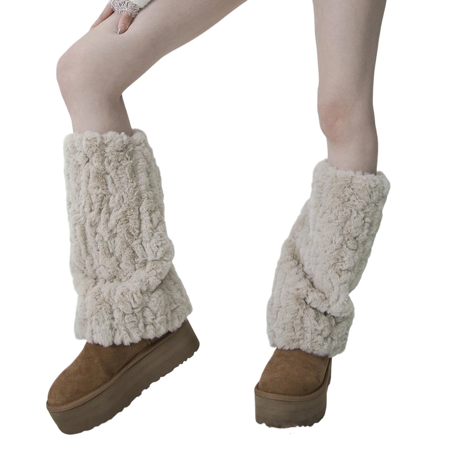 Winter Snowy High Tube Thickened Warm Faux Rabbit Fur Y2K Furry Leg Warmers Fashion Versatile Women Boot Cuffs Warm Calf Cover Peaceful Pleasures Health and Wellness Khaki One Size