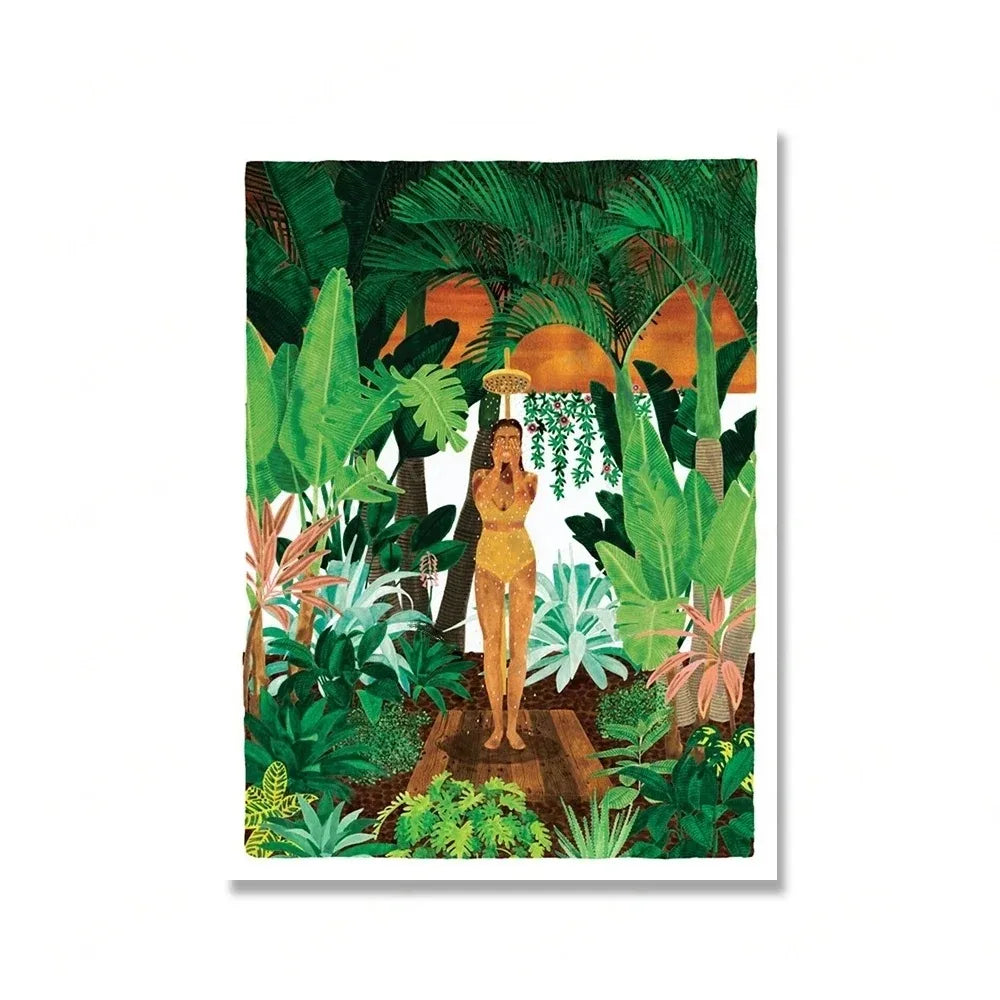 (1pc frameless)Green Botanical Porch Summer Shower Waterfall Wall Art Canvas Painting Nordic Poster Print Picture For Living Peaceful Pleasures Health and Wellness 1 30x40cm Unframed