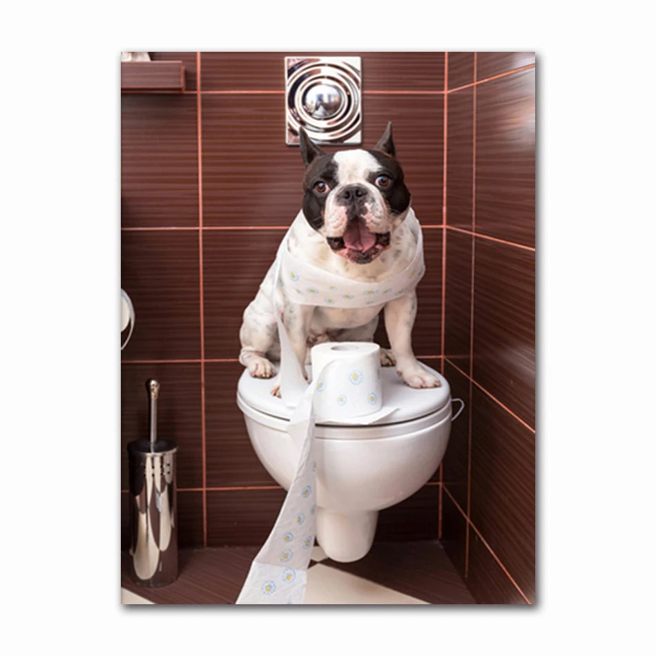 Funny Animal Dog Read Newspaper Oil Painting on Canvas Wall Art Poster Prints Wall Art Picture for Bathroom Toilet Decoration Peaceful Pleasures Health and Wellness