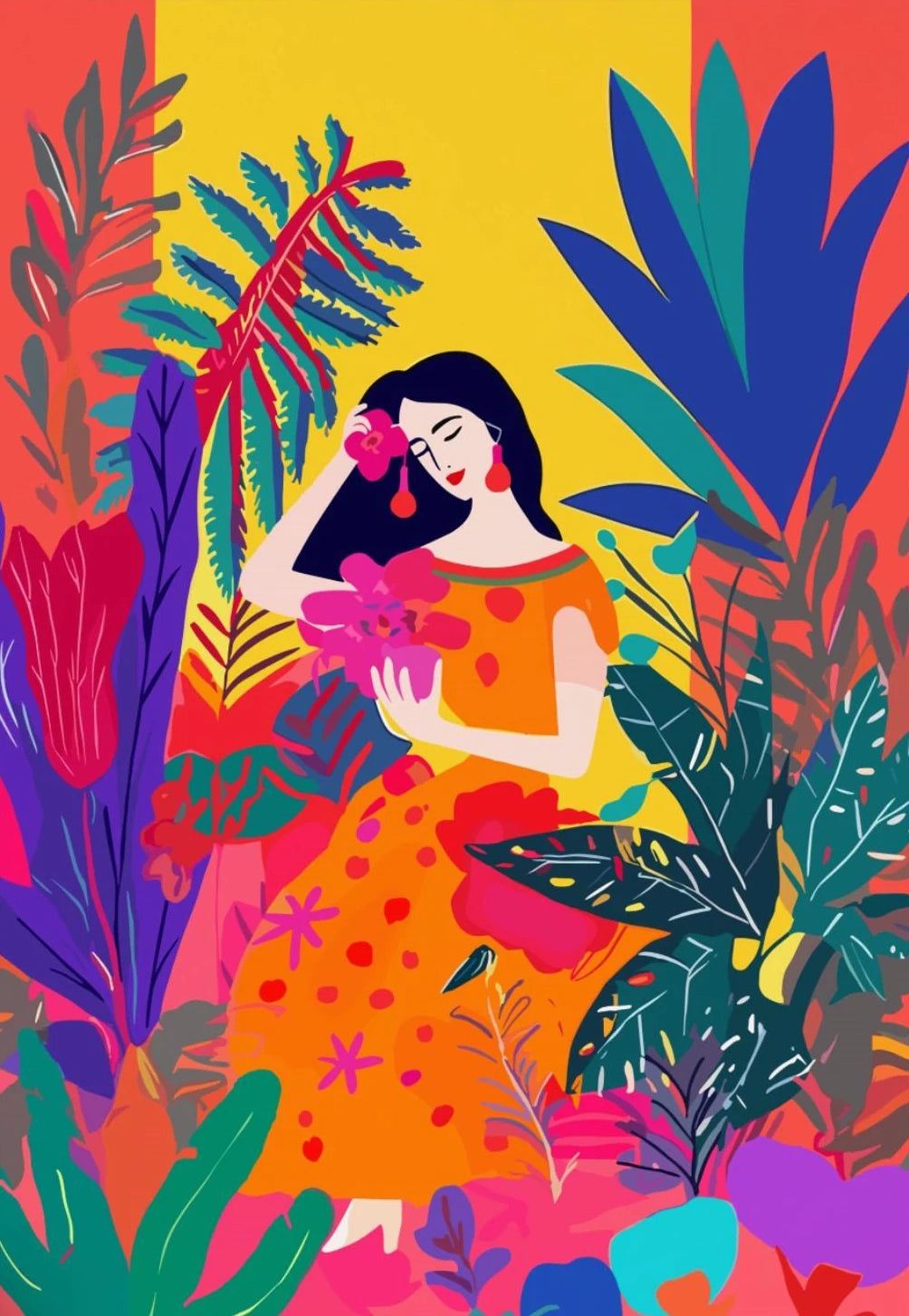 Latina Woman Floral Canvas Wall Art | Ethnic Maximalist Print