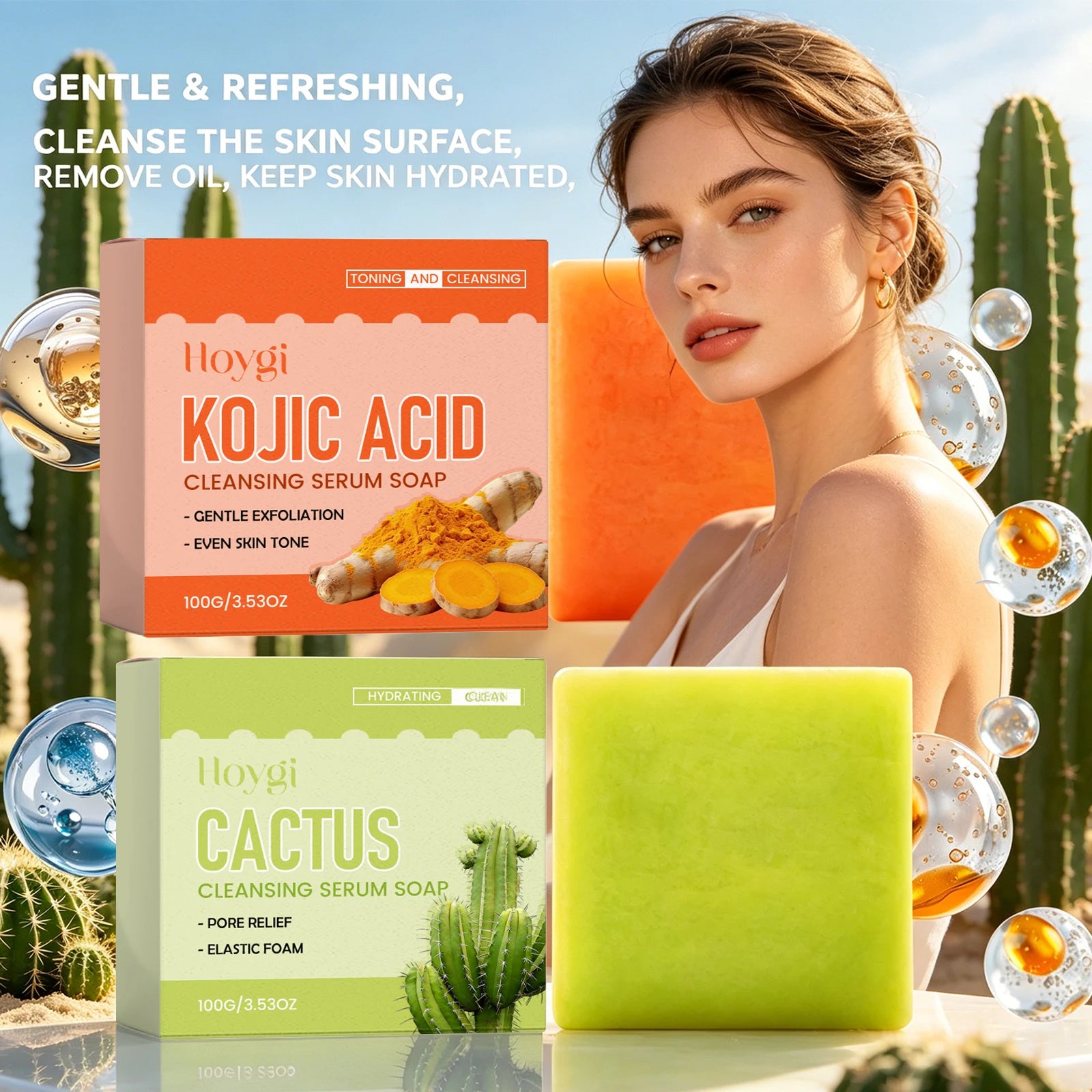 Cactus / Kojic Acid Cleansing Serum Soap Exfoliating Even Skin Tone Brightening Soap Removes Dirt Oil Smooth Hydrated Body Care Peaceful Pleasures Health and Wellness