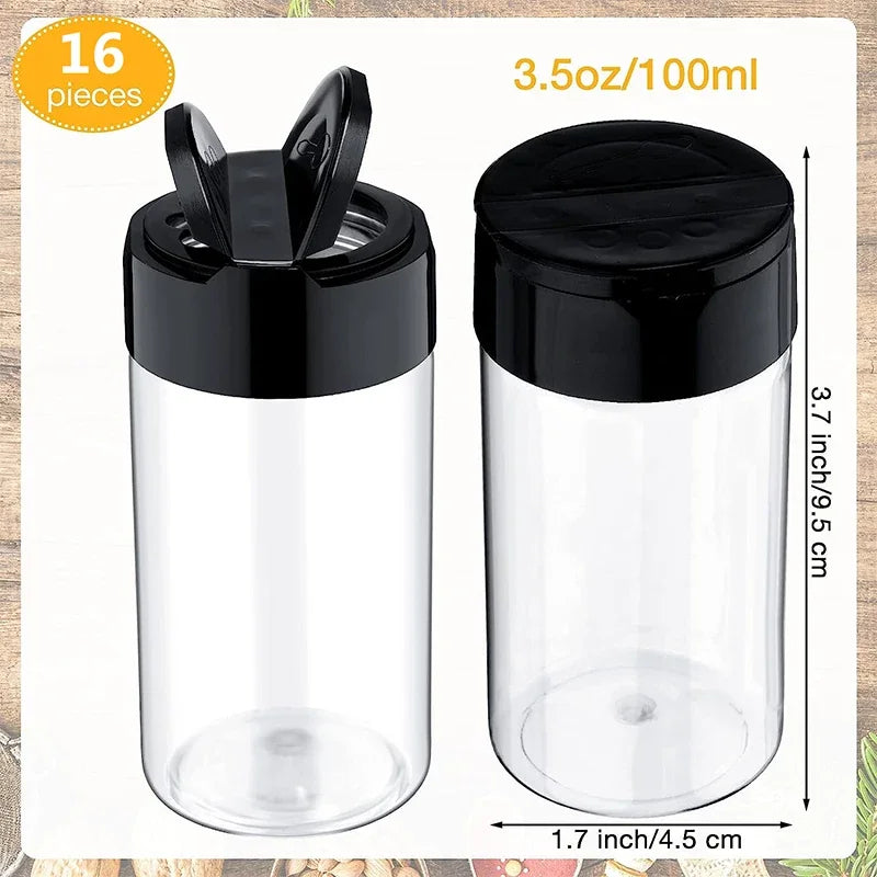 16pcs Spice Jars with Shaker Lids Labels Plastic Clear Seasoning Bottle for Herbs Powders Salt Pepper BBQ Condiment Box Peaceful Pleasures Health and Wellness