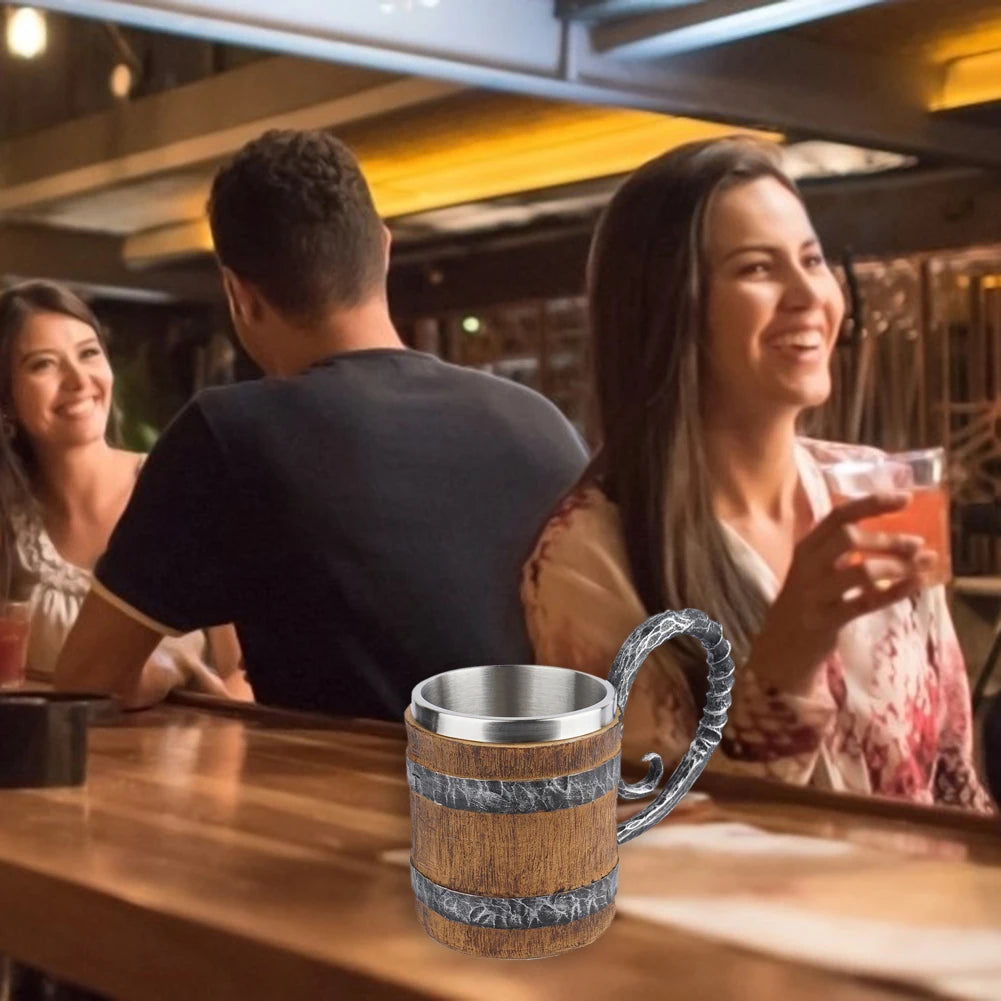 Wooden Barrel Beer Mug | Retro Double-Wall Resin & Steel