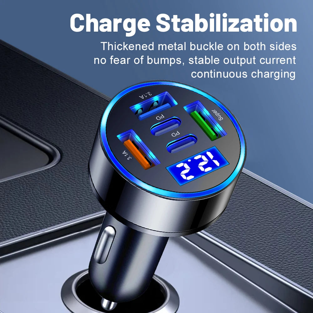 5-in-1 Car Charger 100W PD QC 3.0 Fast Charge USB-C 5-Port