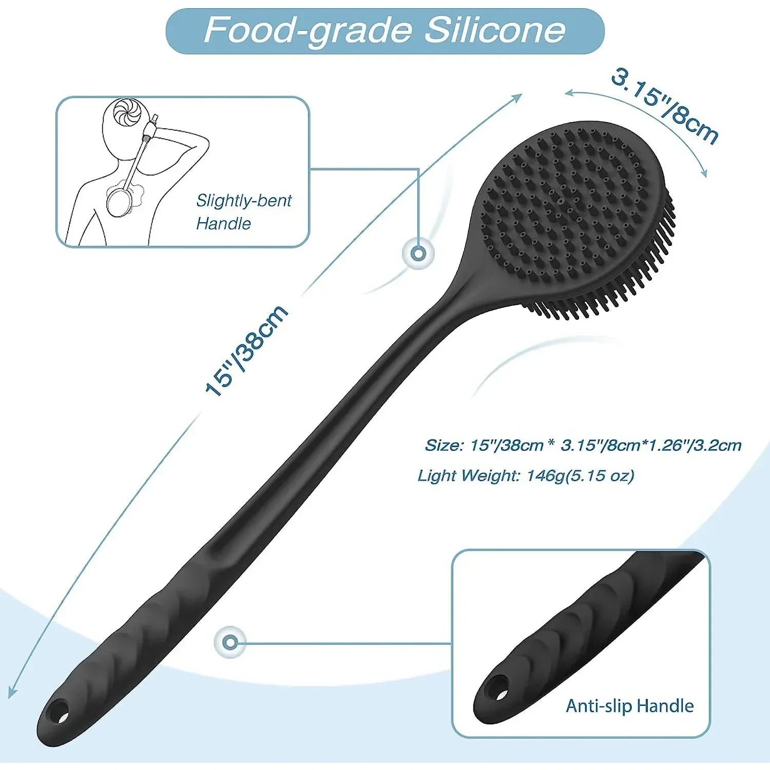 Long Handle Silicone Bath Brush – Dual-Sided Body Exfoliator Bath & Body Brush Peaceful Pleasures Health and Wellness