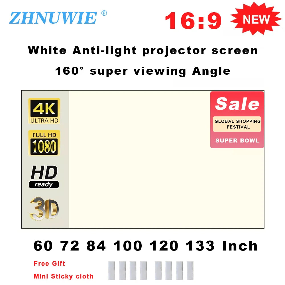 ZHNUWIE Projector Screen White Grid Anti-Light 16:9 Projection Screen For Home 72 84 100 120 133 Inch Portable Reflective Cloth Peaceful Pleasures Health and Wellness 60 inch