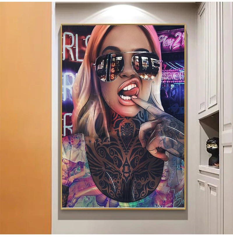 Graffiti Tattoo Woman Canvas Wall Art | Abstract Bad Girl Print