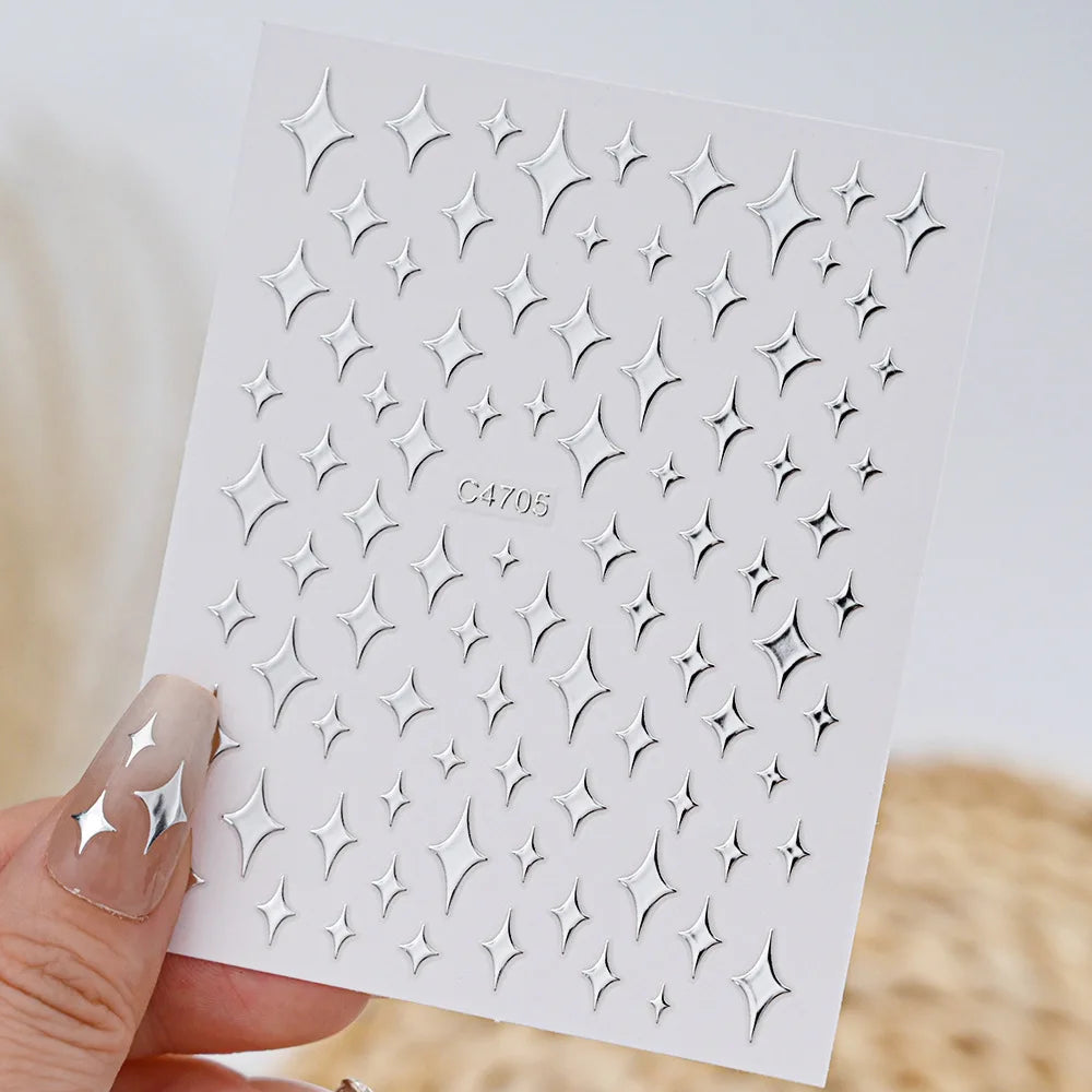 3D Silver Nail Art Stickers – Stars, Hearts & Chain Decals